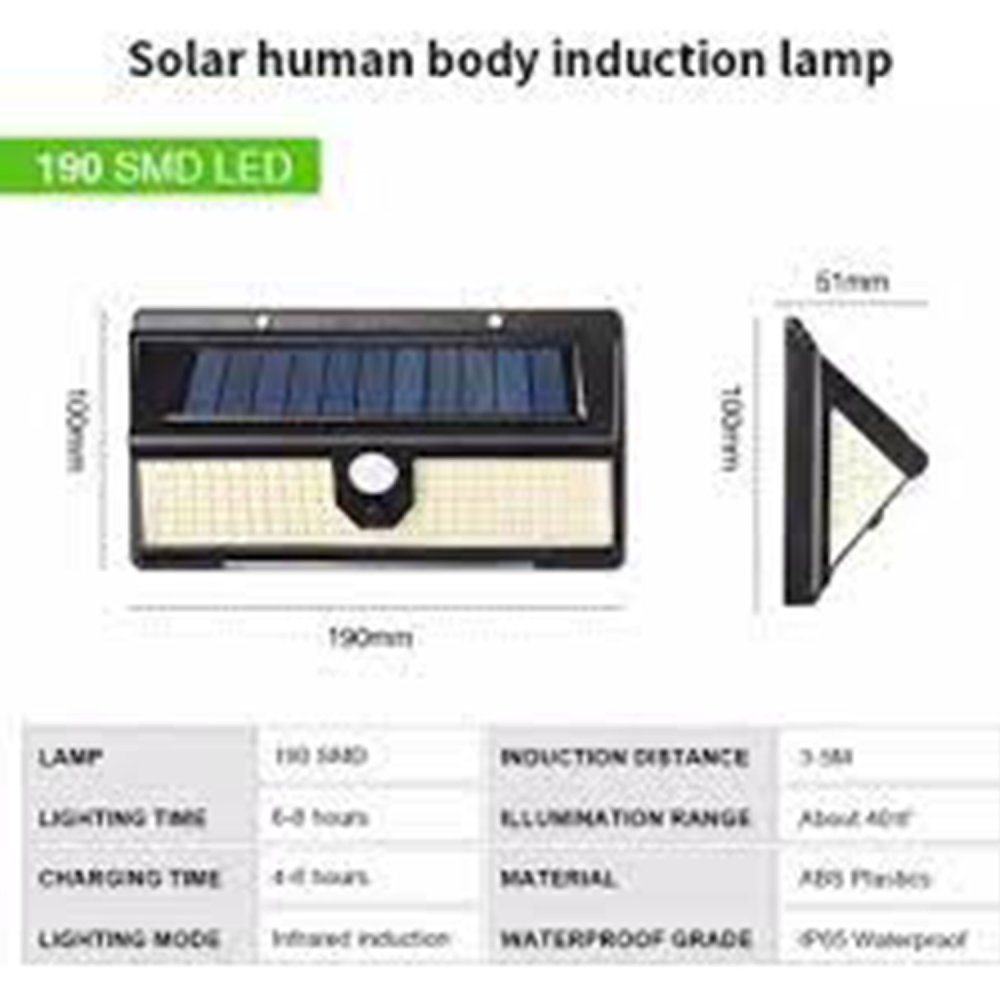 Solar Dış Mekan Bahçe Lambası 190 Ledli Çakarlı